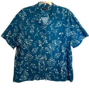 Lucky Brand Club Collar Shirt Womens XXL Teal Blue Tropical Floral Linen Top